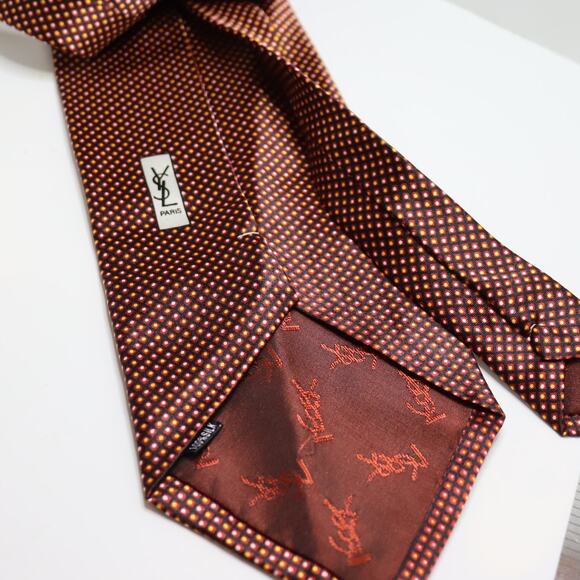 Vintage YSL Yves Saint Laurent Silk Tie Brown Micro-Dot 4” Wide - Picture 3 of 3